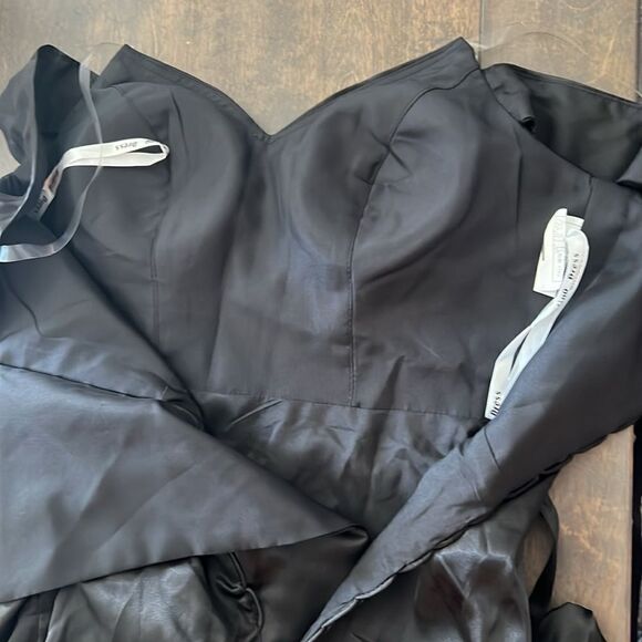 New Sexy Black Satin Off The Shoulder Pleated Long Prom Formal Dress - Picture 12 of 16